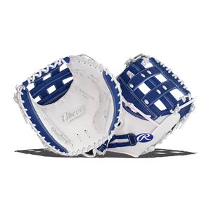 Top-down view of a white and blue fastpitch catchers mitt with Liberty Advanced and Rawlings branding.