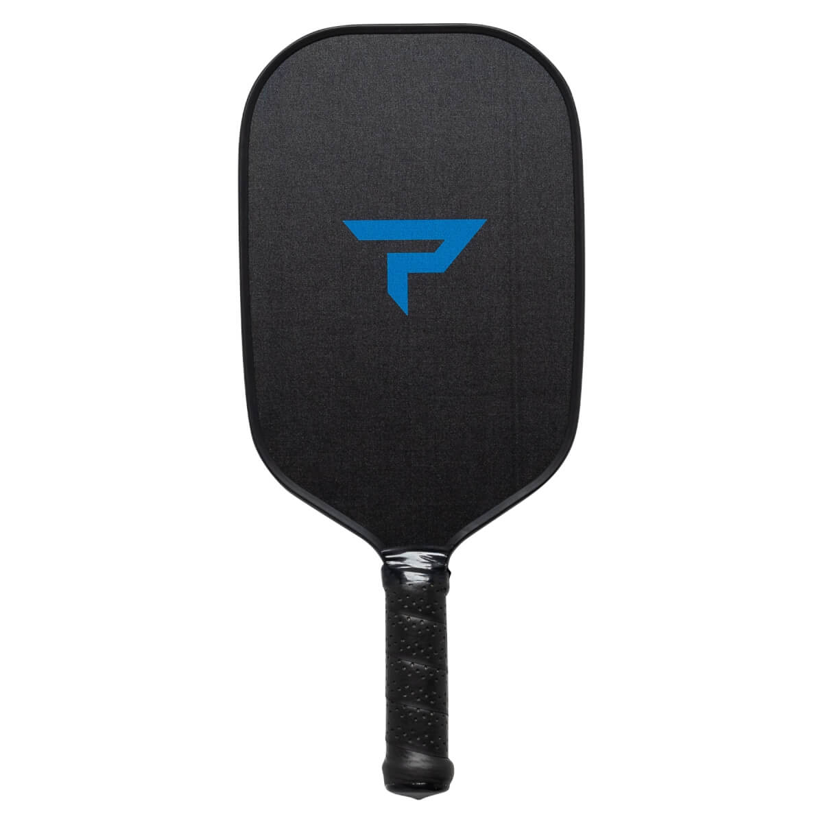 Front view of a black pickleball paddle with a blue P logo and textured grip.