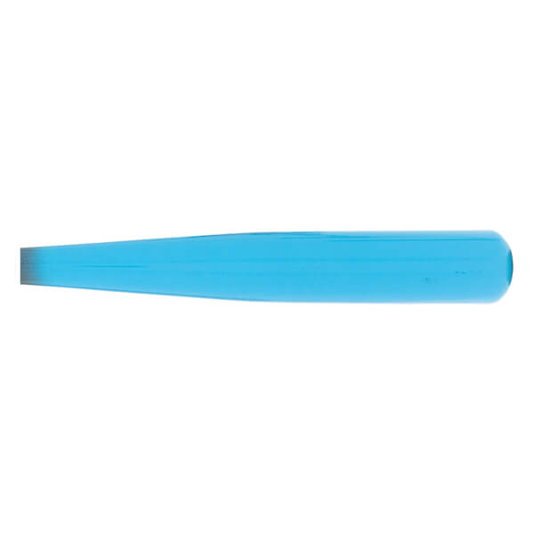 Side view of a blue baseball bat with a dark tapered handle and a rounded barrel.