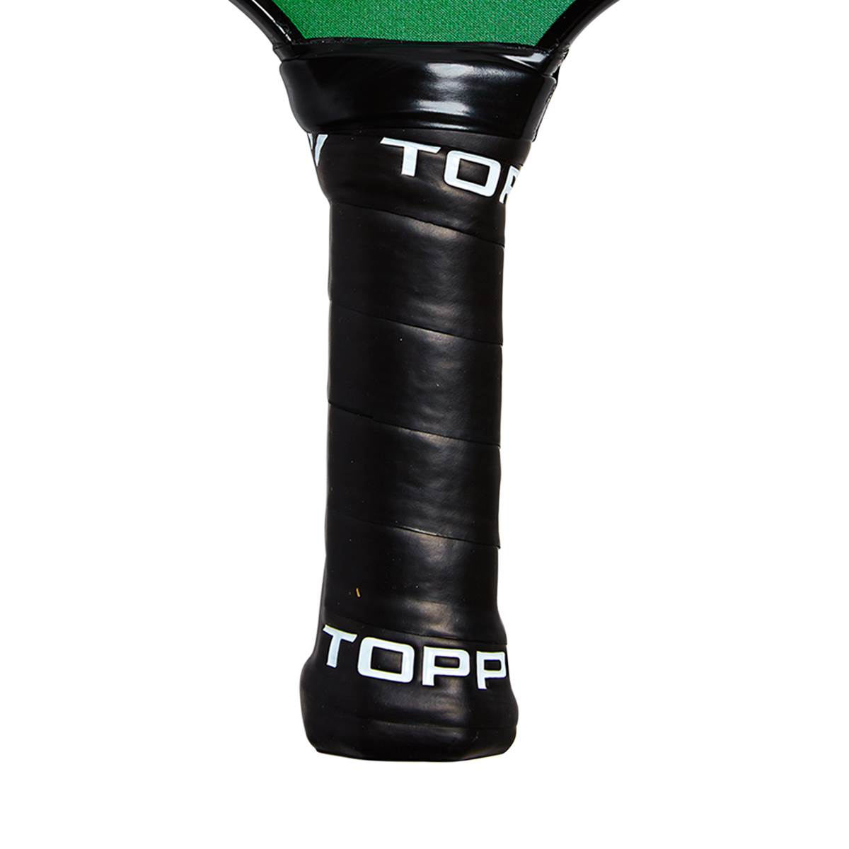 Close-up of a black pickleball paddle grip with white TOPP branding.