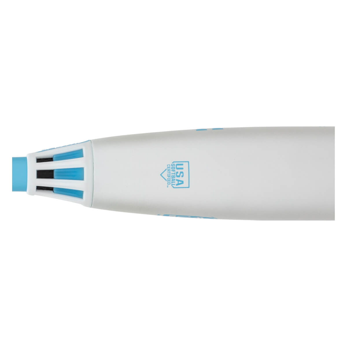 Close-up of a white fastpitch softball bat barrel with a light blue finned end cap and USA Softball Certified logo.