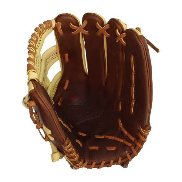 Front view of a brown baseball glove with tan lacing and a debossed Classic logo.