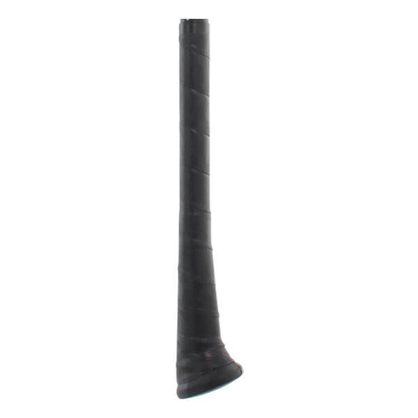 Close-up of a black baseball bat grip with spiral texture and a flared end.