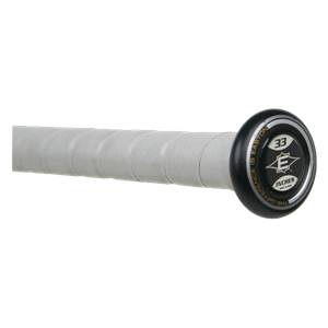 End cap view of a gray Easton bat with 33 INCHES and an E logo.