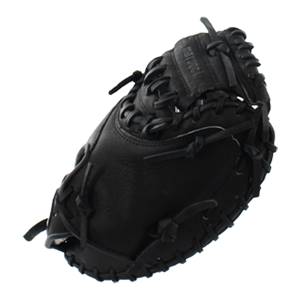 Top-down view of a black catchers mitt with Marucci embossed on the wrist strap and detailed lacing.