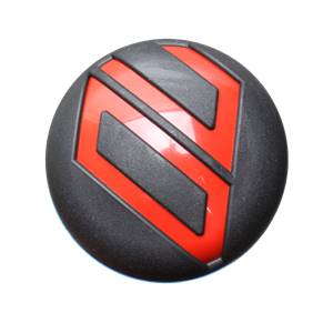 Top-down view of a black baseball bat end cap with a red geometric logo.