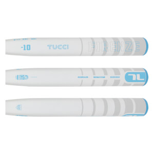 Multiple views of a white fastpitch softball bat with TUCCI FIRENZE -10 text, light blue accents, and gray stripe pattern.