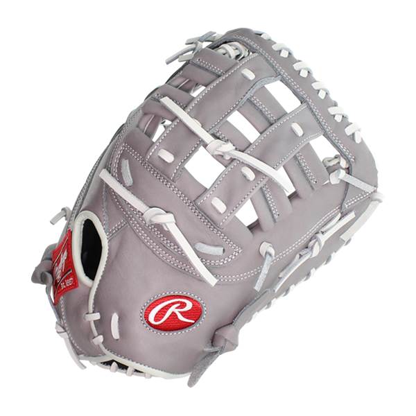 Top-down view of a gray Rawlings R9 first base mitt with white lacing and a red R logo.