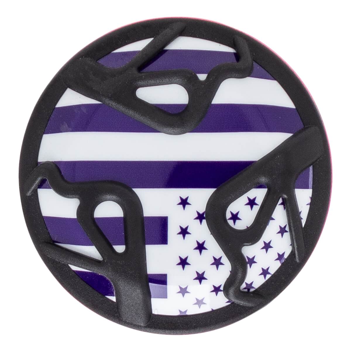Top-down view of a baseball bat end cap with purple and white stripes and a star pattern.
