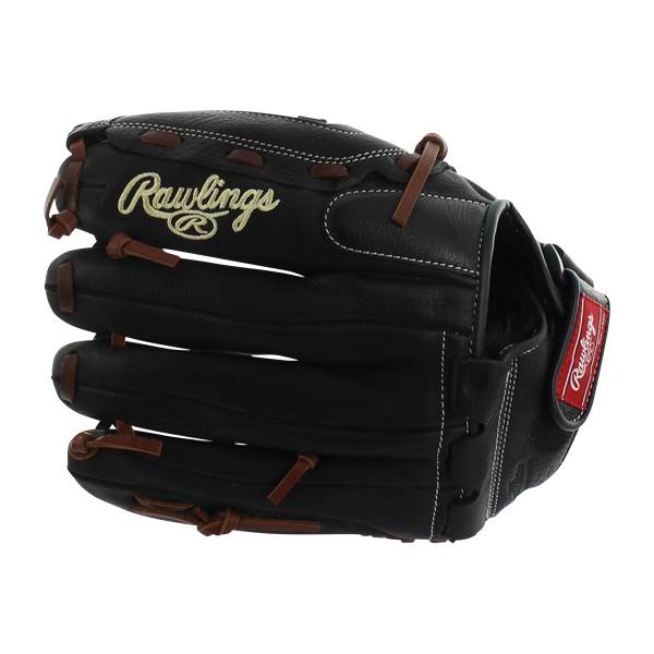 Side view of a black Rawlings glove with white stitching and brown lacing.