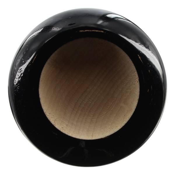 Top-down view of a black baseball bat with a natural wood interior.