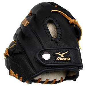 Front view of a black baseball glove with gold Mizuno logo and tan lacing.
