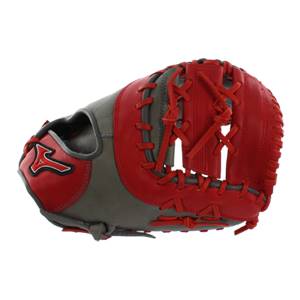Side view of a smoke and red baseball glove with red lacing and a Mizuno logo.