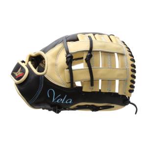 Side view of a black and tan fastpitch glove with blue Vela embroidery and a star logo.