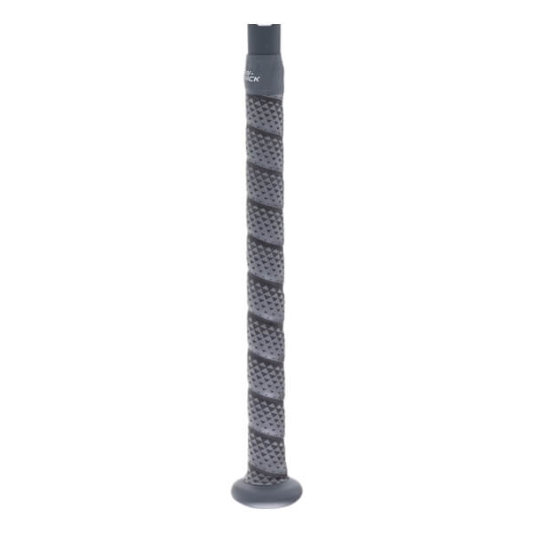 Close-up side view of a dark gray bat handle with a textured diamond-patterned grip and a rounded knob.