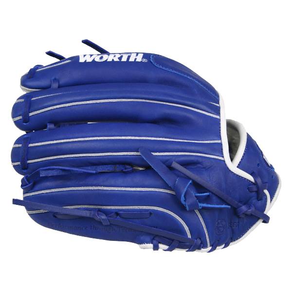 Top-down view of a royal blue baseball glove with white stitching and WORTH branding.