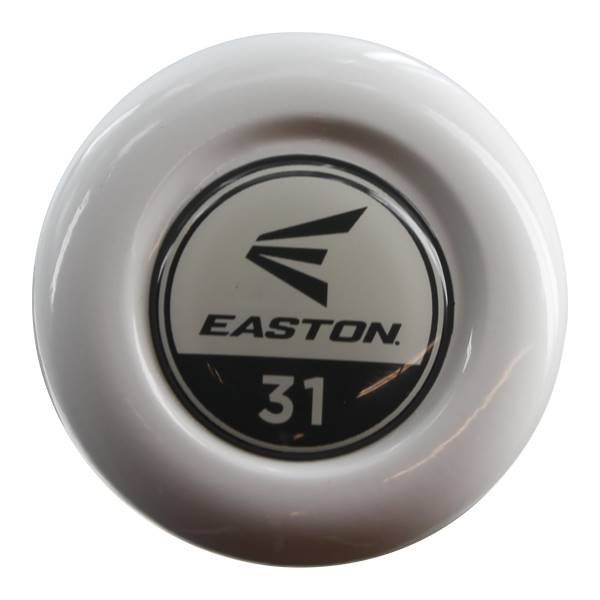 End view of a white Easton bat with a black circular logo and the number 31.