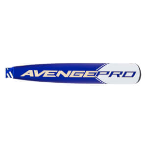 Side profile view of the blue and white barrel featuring bold AVENGE PRO text in gold and blue letters against a contrasting color-blocked background.