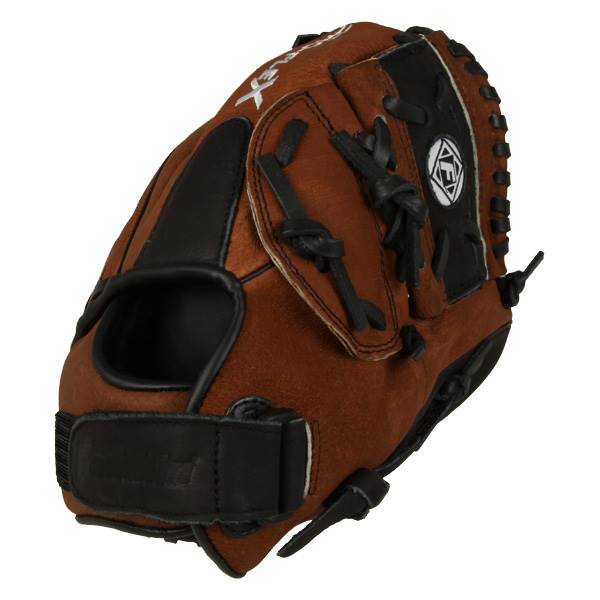 Side view of a brown baseball glove with black accents and a white logo.