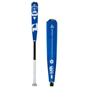 Full and close-up views of a blue DeMarini baseball bat with The Goods graphics, white grip, and -10 USA Baseball barrel.
