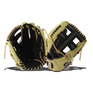 Front view of a tan baseball glove with black lacing and Marucci text.