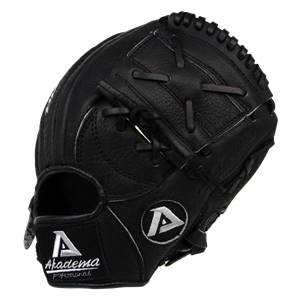 Front view of a black baseball glove with white stitching and the Akadema Professional logo.