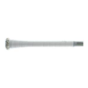 Side view of a black baseball bat with a white grip and silver end cap.