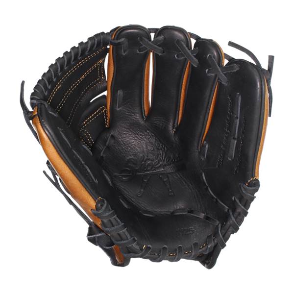 Front view of a black baseball glove with tan lining and embossed Shoeless Joe logo.