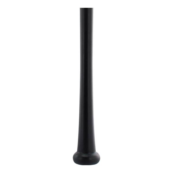 Bottom view of a black baseball bat with a rounded knob.