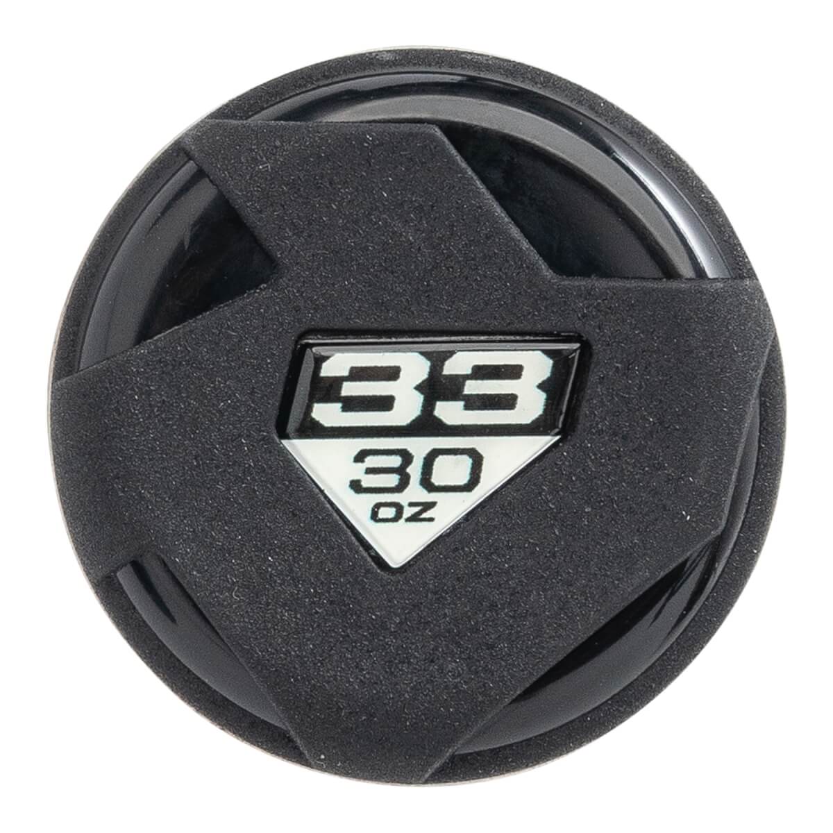 End view of a black baseball bat with a textured surface and a white diamond logo showing 33 30 OZ.