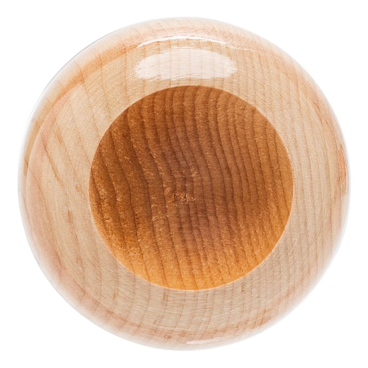 Top-down view of a natural wood baseball bat with a cupped barrel end, visible wood grain, and glossy finish.