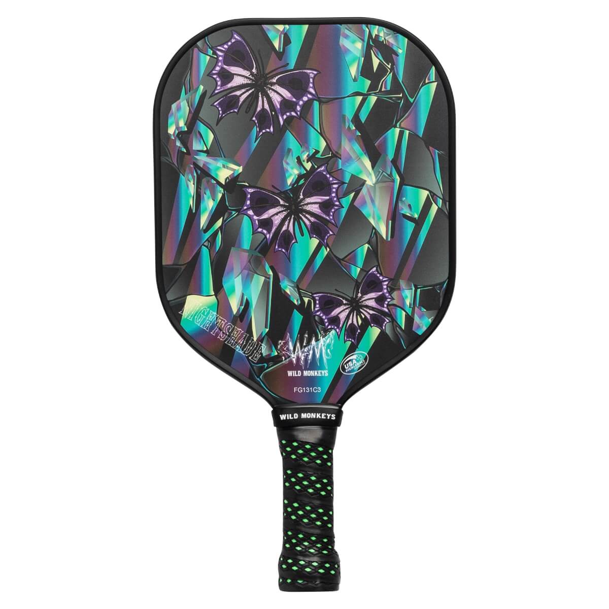 Front view of a black pickleball paddle with a holographic crystal and butterfly design and green-dotted grip.