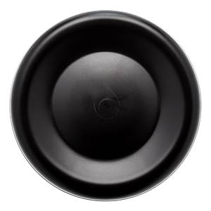 Top-down view of a black baseball bat end cap with a circular indentation and a subtle swirl pattern.