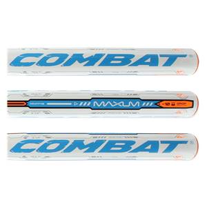 Top-down view of a white and blue COMBAT MAXUM fastpitch softball bat with orange accents and MAXFP110 text.