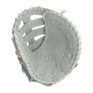 Top-down view of a grey Easton Ghost 13 Fastpitch First Base Mitt with GHOST - Softball Series embossed and white lacing.