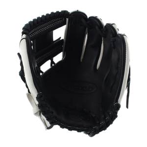 Top-down view of a black and white baseball glove with Vinci embossed on the palm and white stitching.