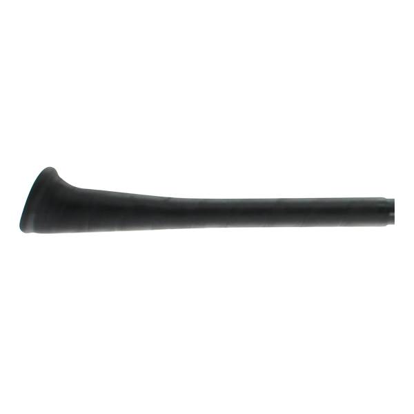 Side view of a black baseball bat with a flared knob and smooth barrel.