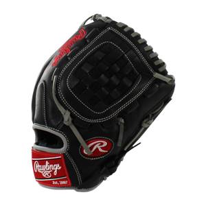 Front view of a black baseball glove with white stitching, a woven pocket, and a red Rawlings logo patch.