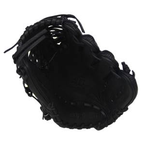 Interior view of a black baseball glove with Elite and GLOVESMITHS embossed.