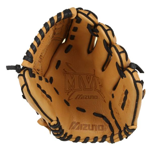Inside view of a tan baseball glove with black lacing and MVP and Mizuno logos.