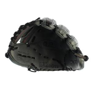 Top-down view of a black Wilson A2K glove with A2K and Wilson branding, and PRO-STOCK SELECT text.