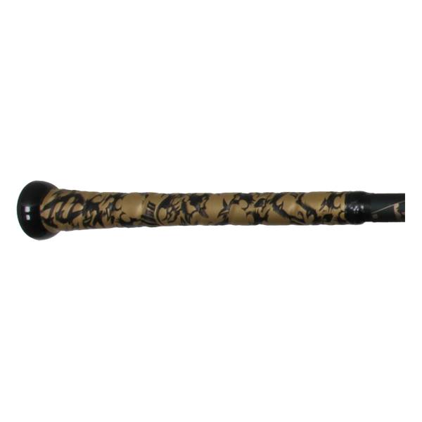 Side view of a black baseball bat with a tan and black patterned grip.