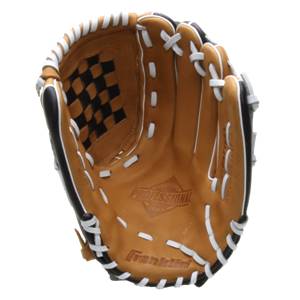Top-down view of a brown baseball glove with a checkered pocket and PROFESSIONAL and Franklin branding.