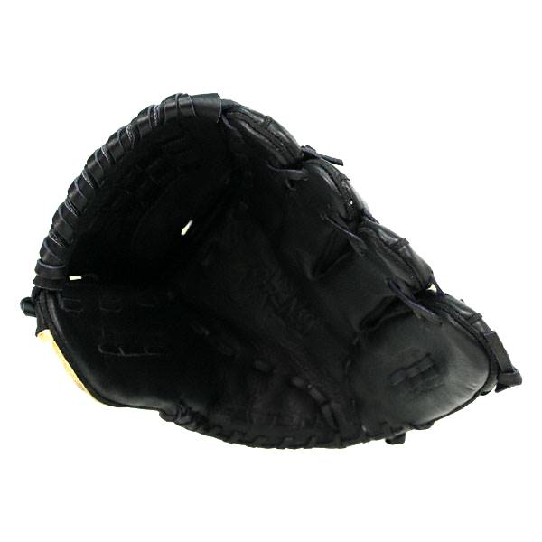 Top-down view of a black baseball glove with a deep pocket and stitched finger stalls.