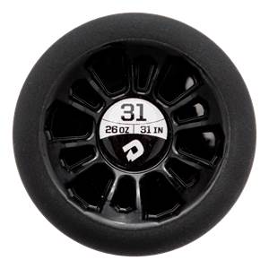 Top-down view of a black baseball bat end cap with 31, 26 OZ, 31 IN, and a DeMarini logo.