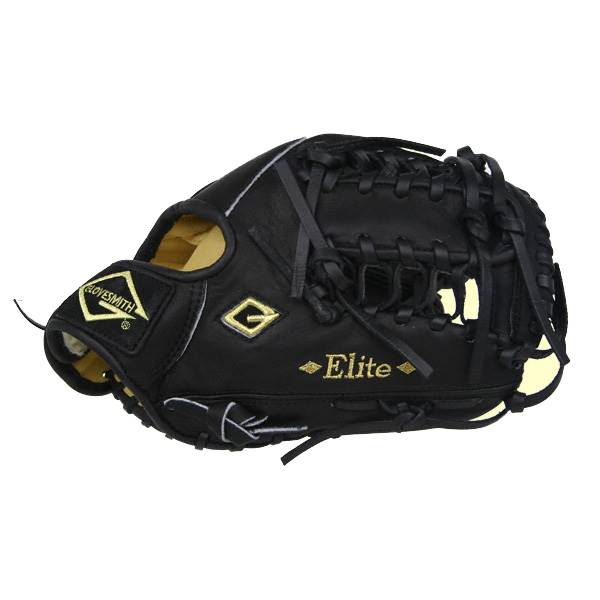 Side view of a black baseball glove with gold G logo and Elite text.