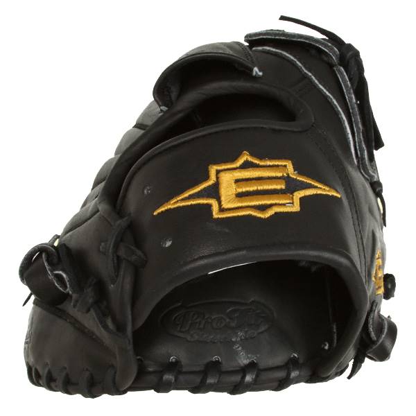 Side view of a black baseball glove with a gold E logo and Pro Fit text.