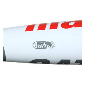 Side view of a white baseball bat with red accents, a USSSA 1.15 BPF logo, and black lettering.