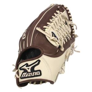 Top-down view of a brown and cream baseball glove with white lacing and a Mizuno logo.