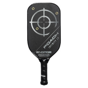 Front view of a black pickleball paddle with a target design, POACH INFINITY LX text, and ENGAGE logo.
